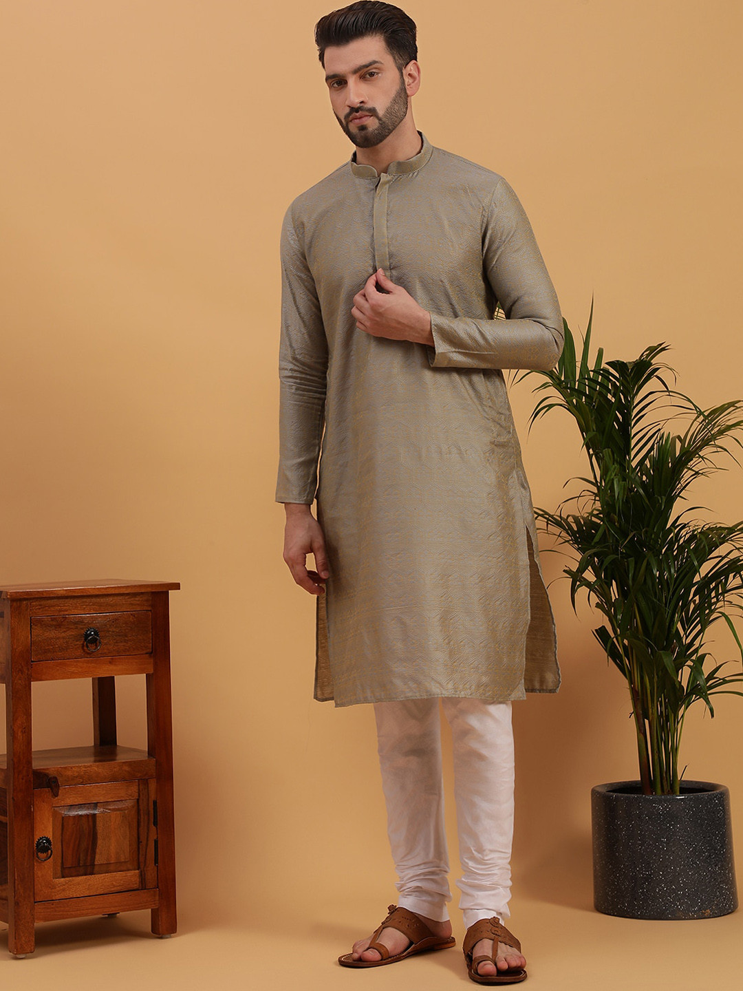 NAMASKAR Ethnic Motif Woven Design Mandarin Collar Pure Cotton Kurta