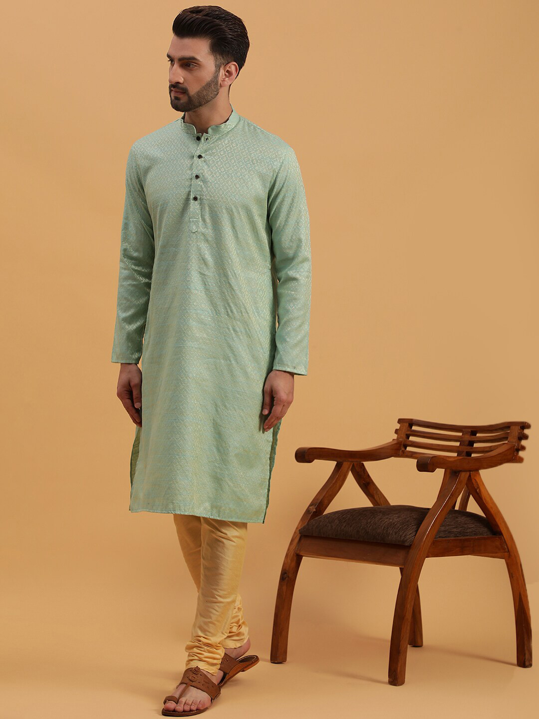 NAMASKAR Ethnic Motifs Woven Design Silk Straight Kurta