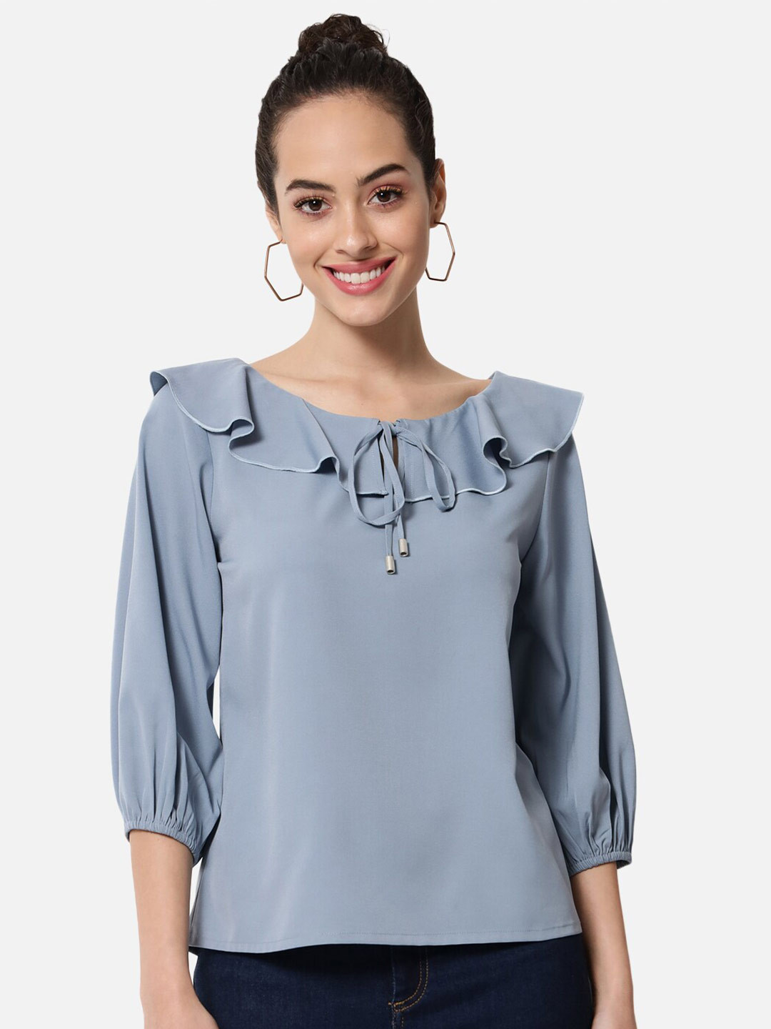 ALL WAYS YOU Tie-Up Neck Puffed Sleeves Top