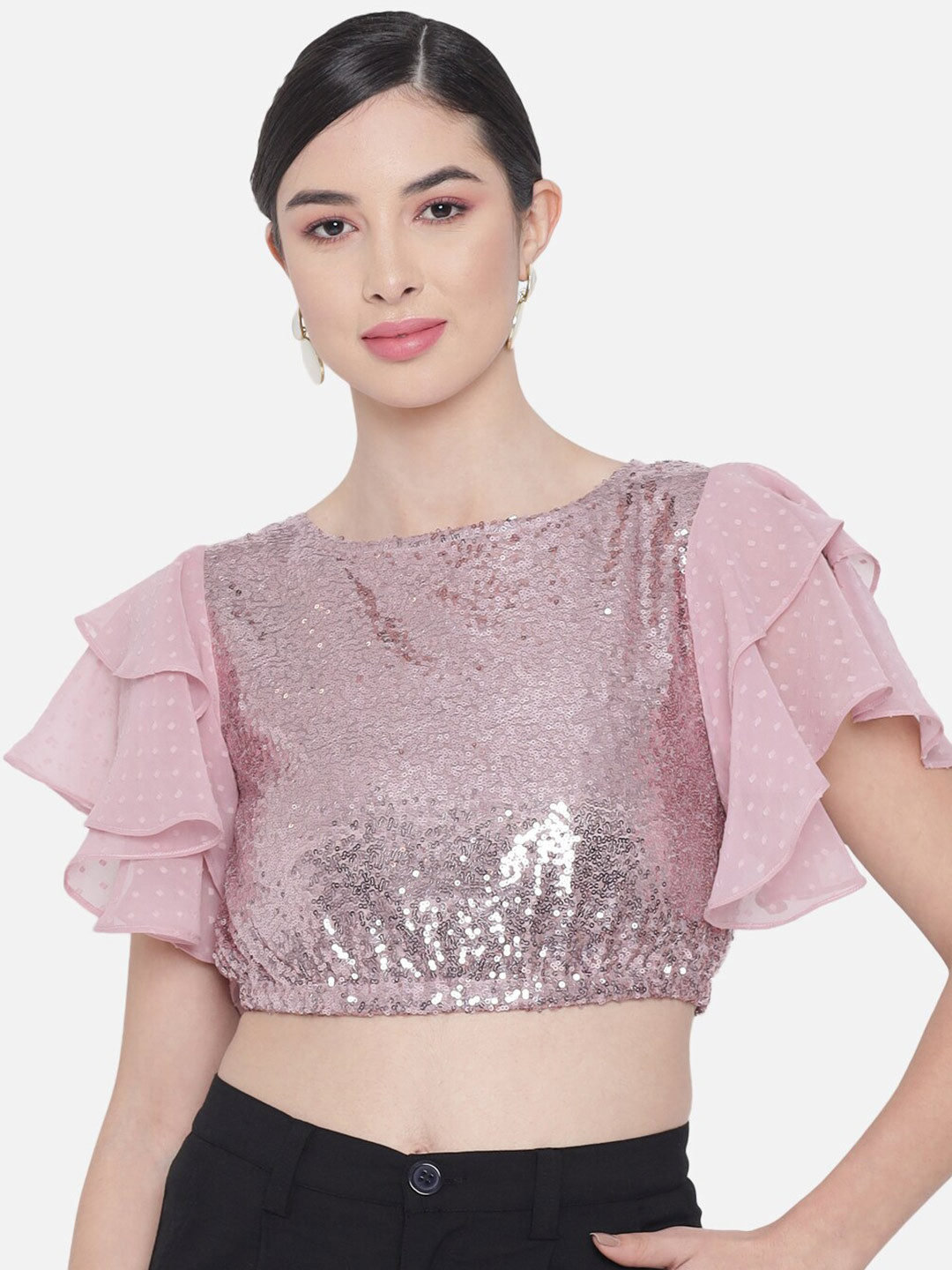 ALL WAYS YOU Embellished Flutter Sleeve Crop Top