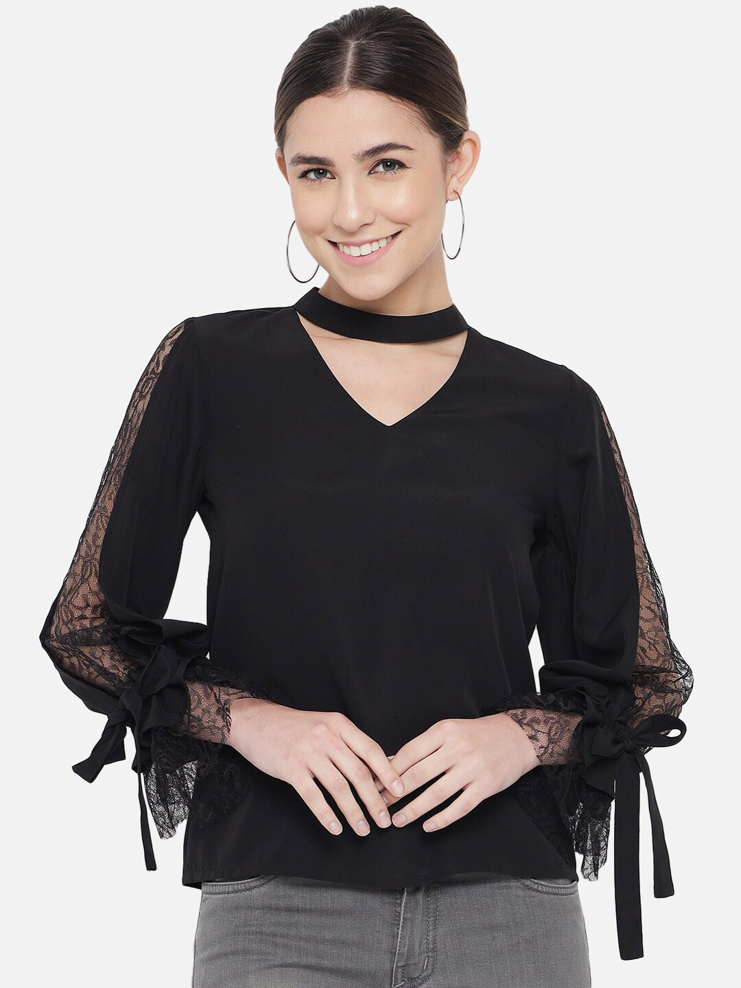 ALL WAYS YOU Choker Neck Bell Sleeves Crepe Top