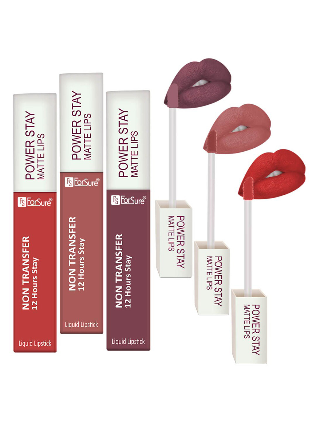 ForSure Power Stay Set Of 3 Matte Liquid Lipsticks 4 ml Each - Mauve 23 - Carmel Nude 21 - Rose Red 01