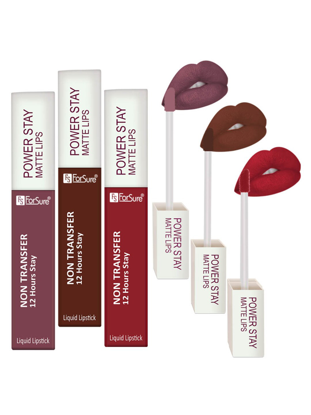 ForSure Power Stay Set Of 3 Matte Liquid Lipsticks 4 ml Each - Walnut Brown 16 - Mauve, 23 - Iconic Red 22