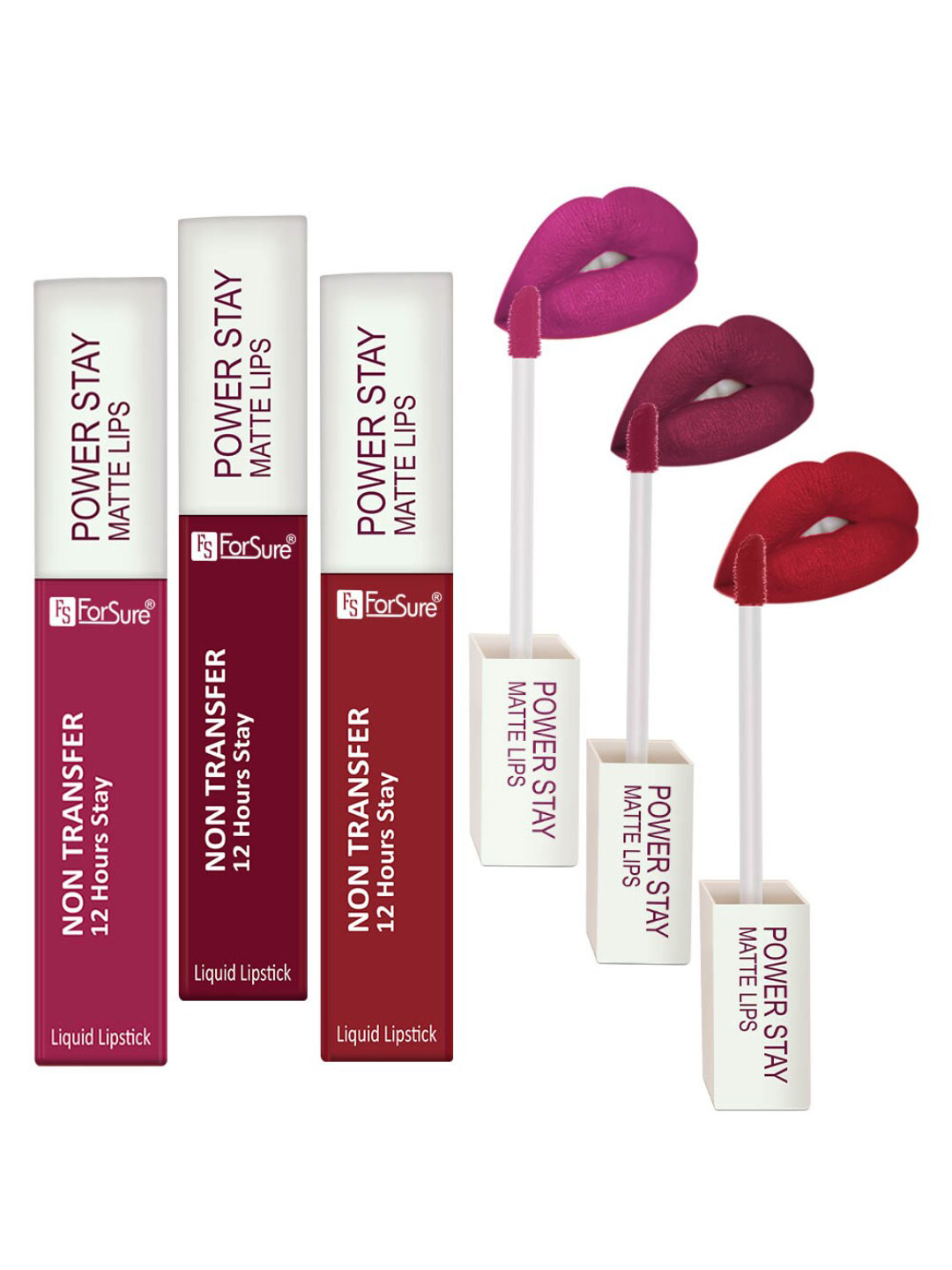 ForSure Power Stay Set Of 3 Matte Liquid Lipsticks 4 ml Each - Power Maroon 09 - Dark Pink 10 - Iconic Red 22