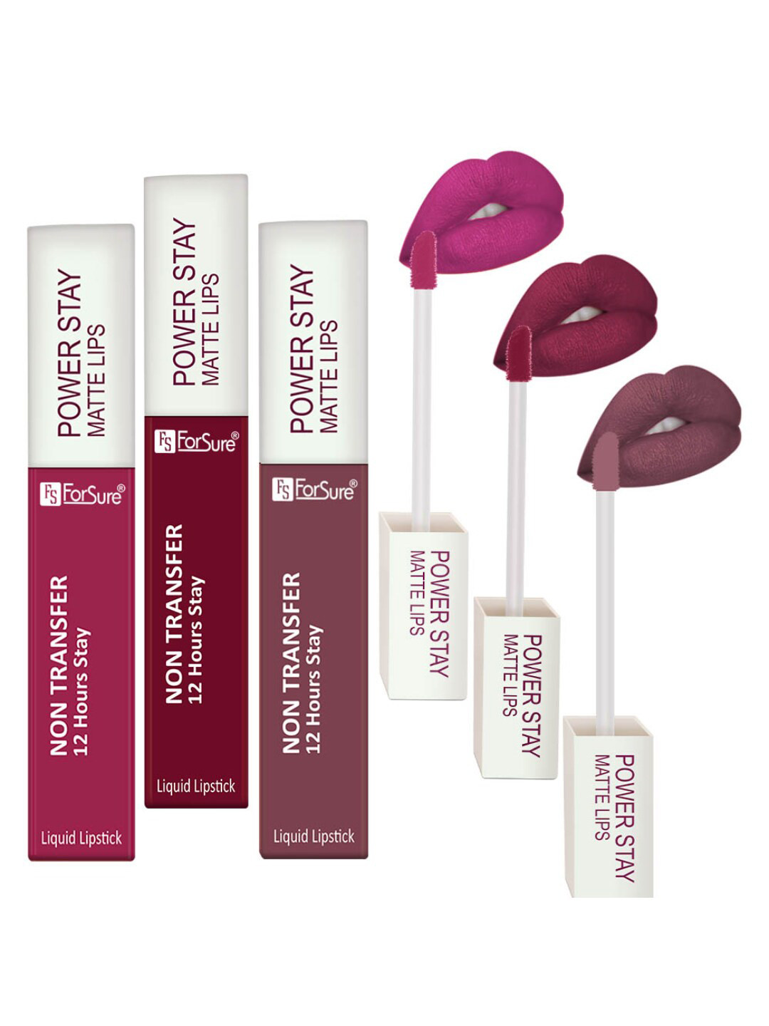 ForSure Power Stay Set Of 3 Matte Lipsticks 4ml Each-Power Maroon 09+Dark Pink 10+Mauve 23