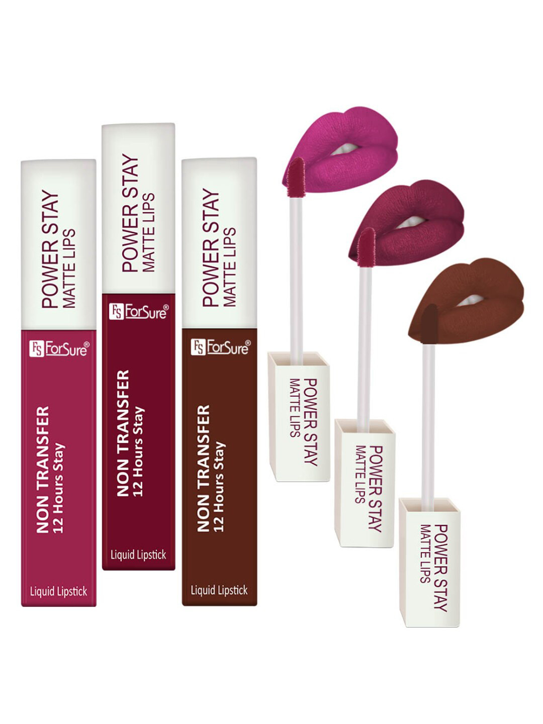 ForSure Power Stay Set Of 3 Lipstick 4ml Each-Walnut Brown 16+Power Maroon 09+Dark Pink 10