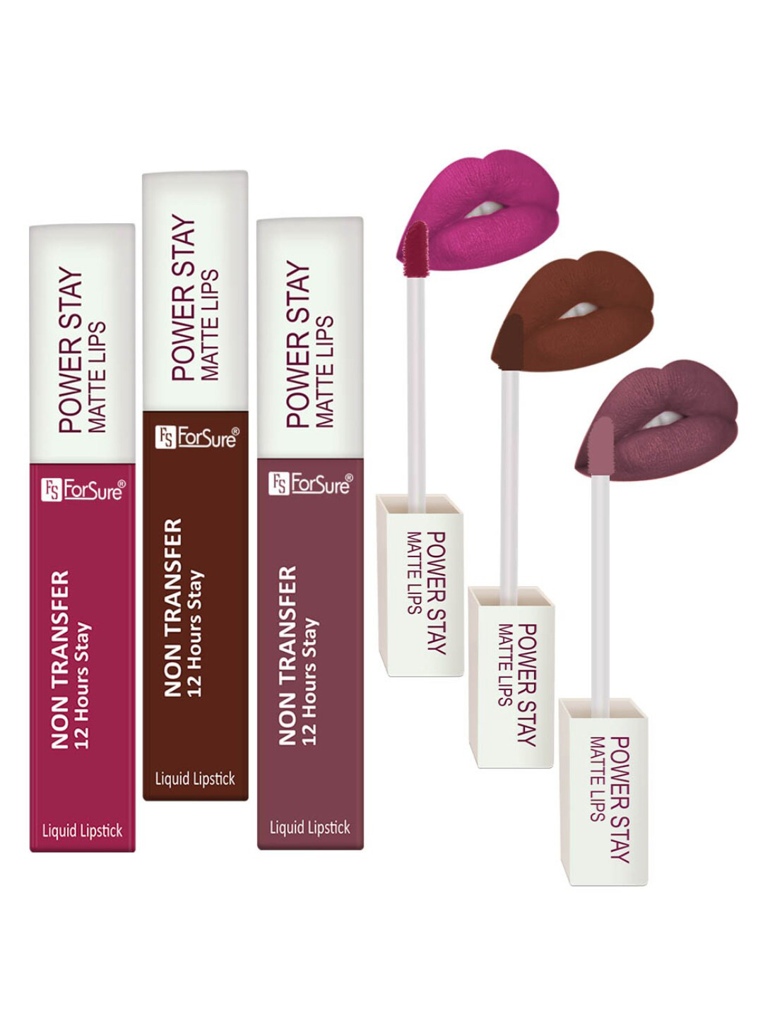 ForSure Power Stay Set Of 3 Matte Lipsticks 4ml Each-Dark Pink 10+Walnut Brown 16+Mauve 23