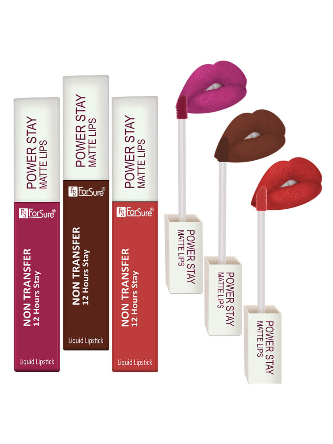 ForSure Power Stay Set Of 3 Lipsticks 4ml Each-Dark Pink 10+Walnut Brown 16+Rose Red 01