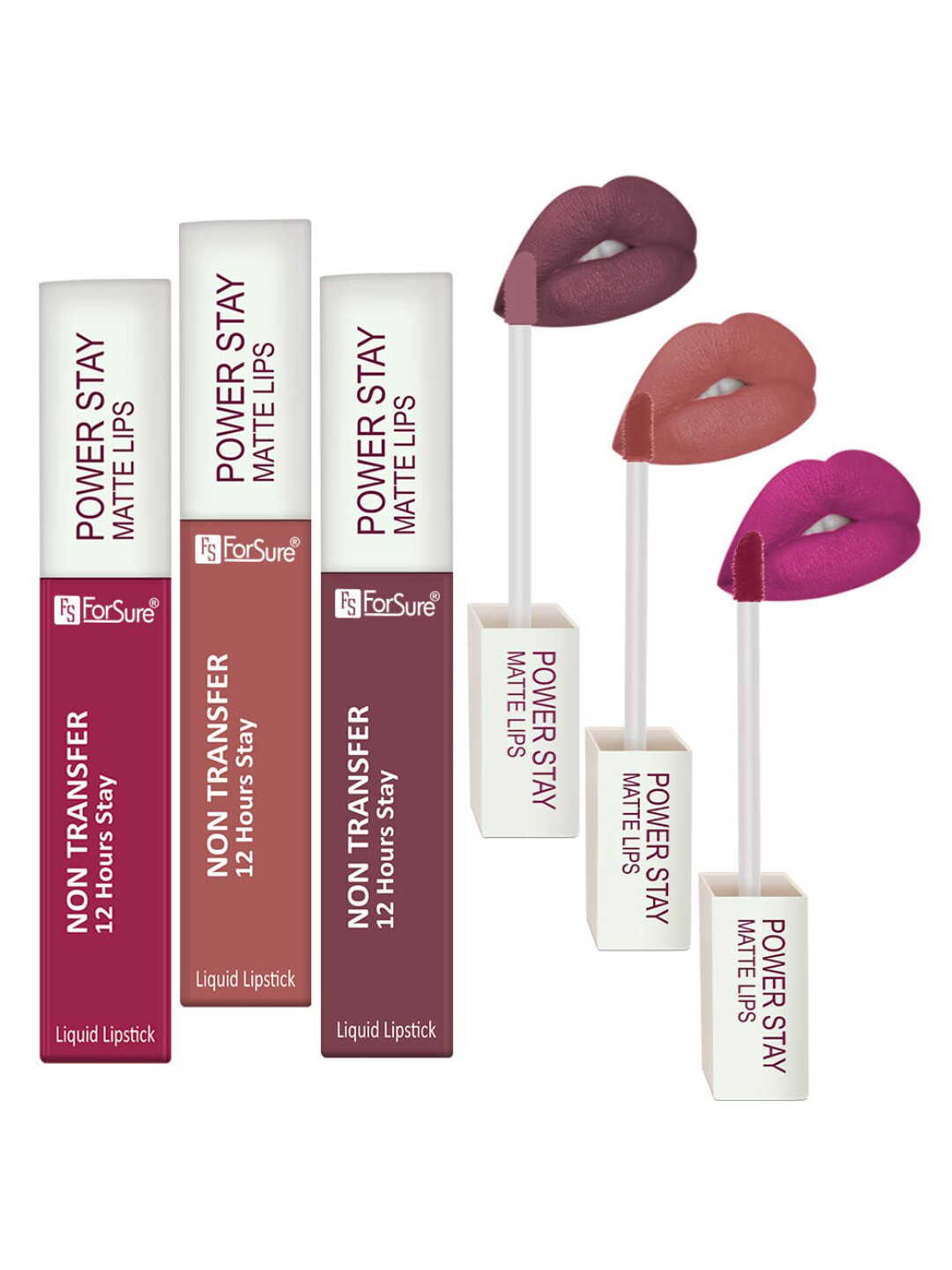 ForSure Power Stay Set Of 3 Matte Lipsticks 4ml Each-Mauve 23+Carmel Nude 2+Dark Pink 10
