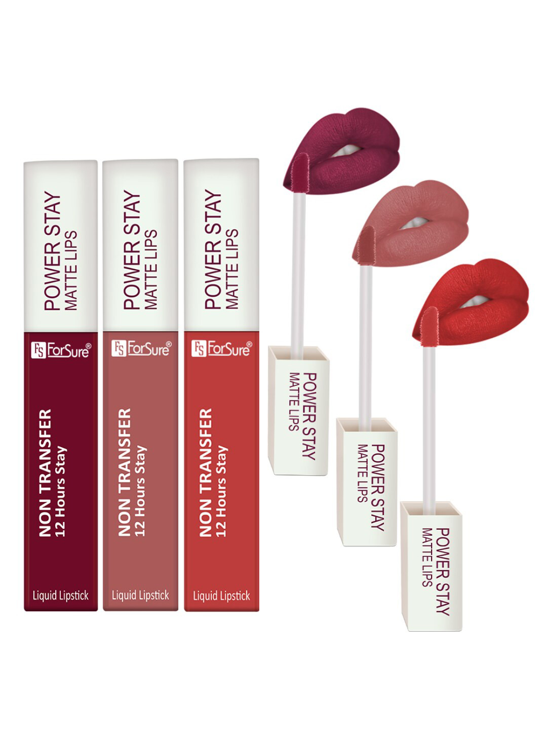 ForSure Power Stay Set Of 3 Lipsticks 4ml Each-Power Maroon 09+Rose Red 01+Carmel Nude 21