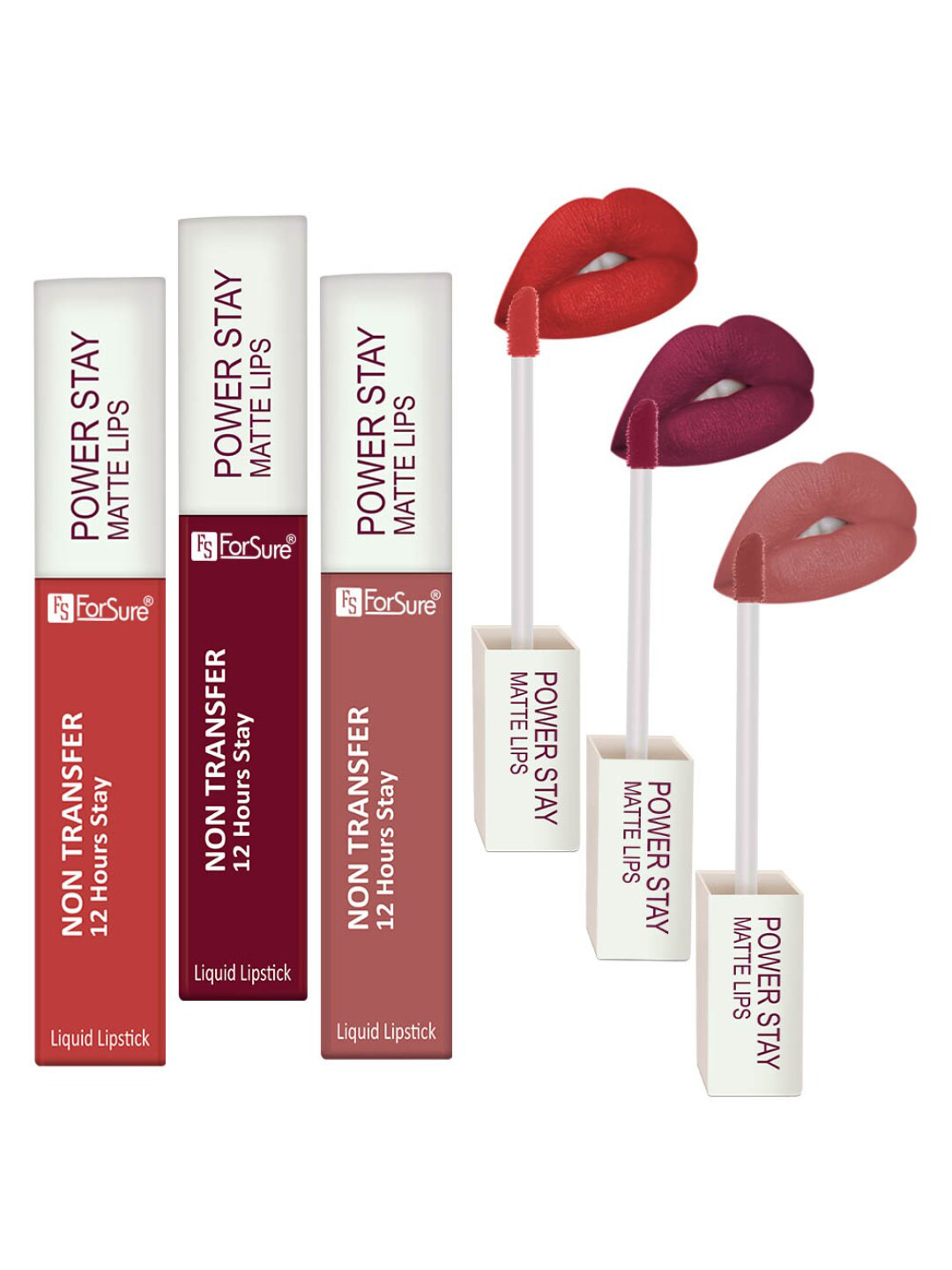 ForSure Power Stay Set Of 3 Lipsticks 4ml Each-Rose Red 01+Power Maroon 09+Carmel Nude 21