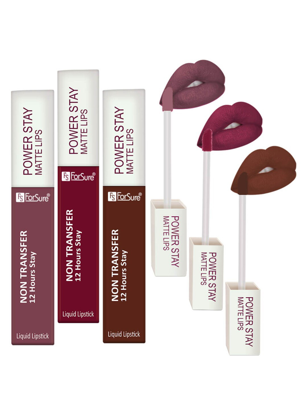 ForSure Power Stay Set Of 3 Matte Liquid Lipsticks 4 ml Each - Walnut Brown 16 - Power Maroon 09 - Mauve 23