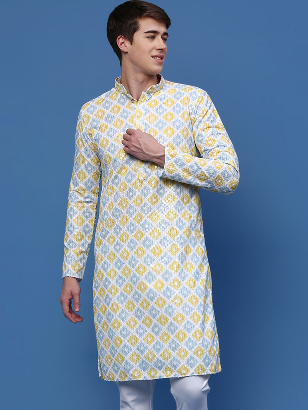 Sanwara Geometric Embroidered Sequins Mandarin Collar Cotton Pastels Kurta