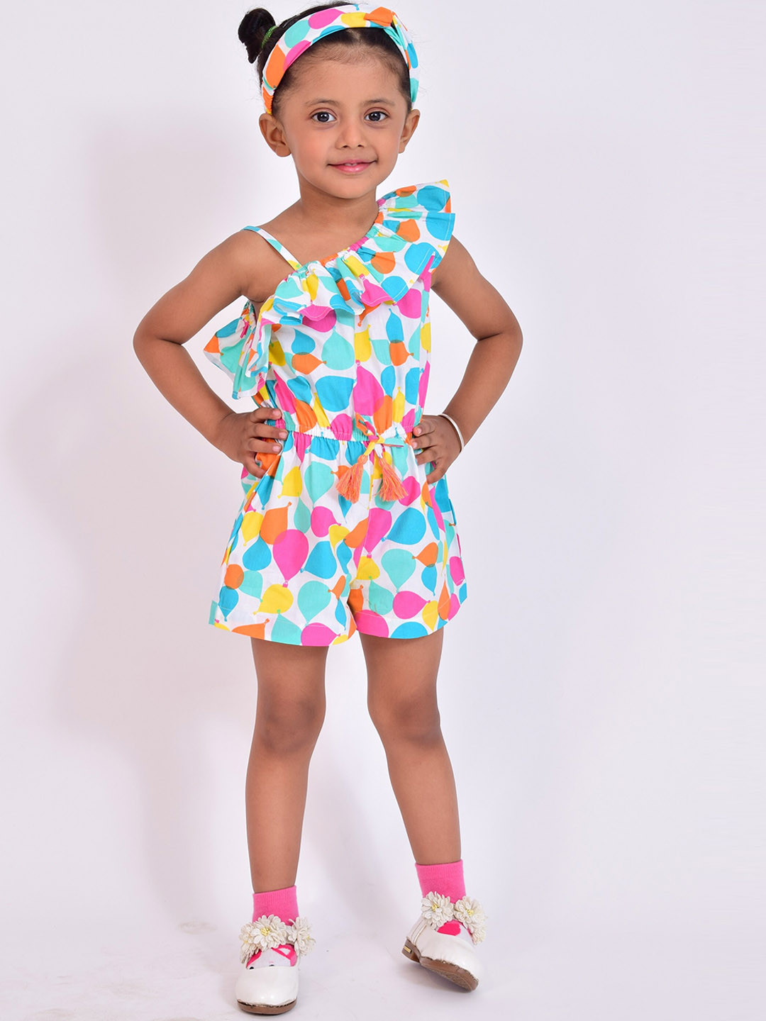 NUEVOSDAMAS Girls Printed Cotton Play Jumpsuit With Ruffles