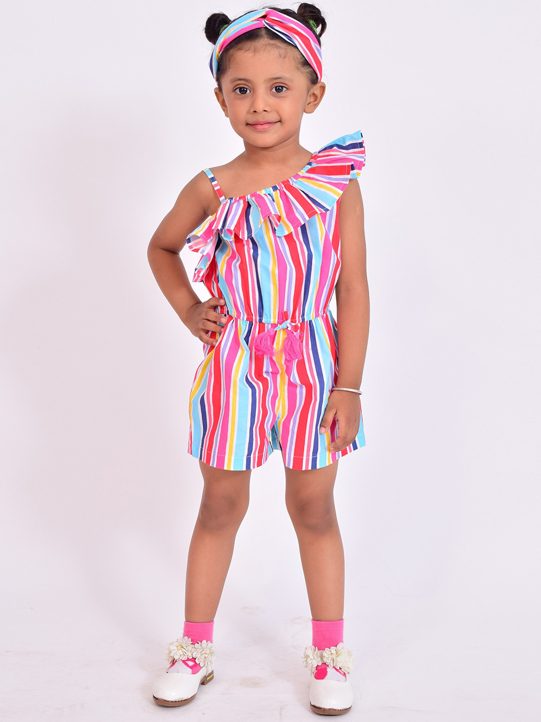 NUEVOSDAMAS Girls Striped Cotton Waist Tie-Ups Play Jumpsuit With Ruffles