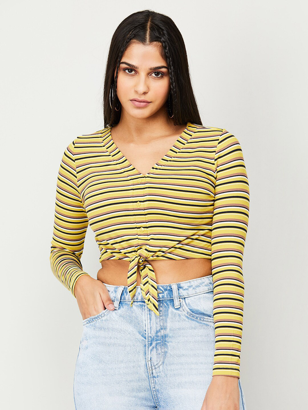 Ginger by Lifestyle Horizontal Striped V-Neck Long Sleeves Waist Tie-Ups Fitted Crop Top
