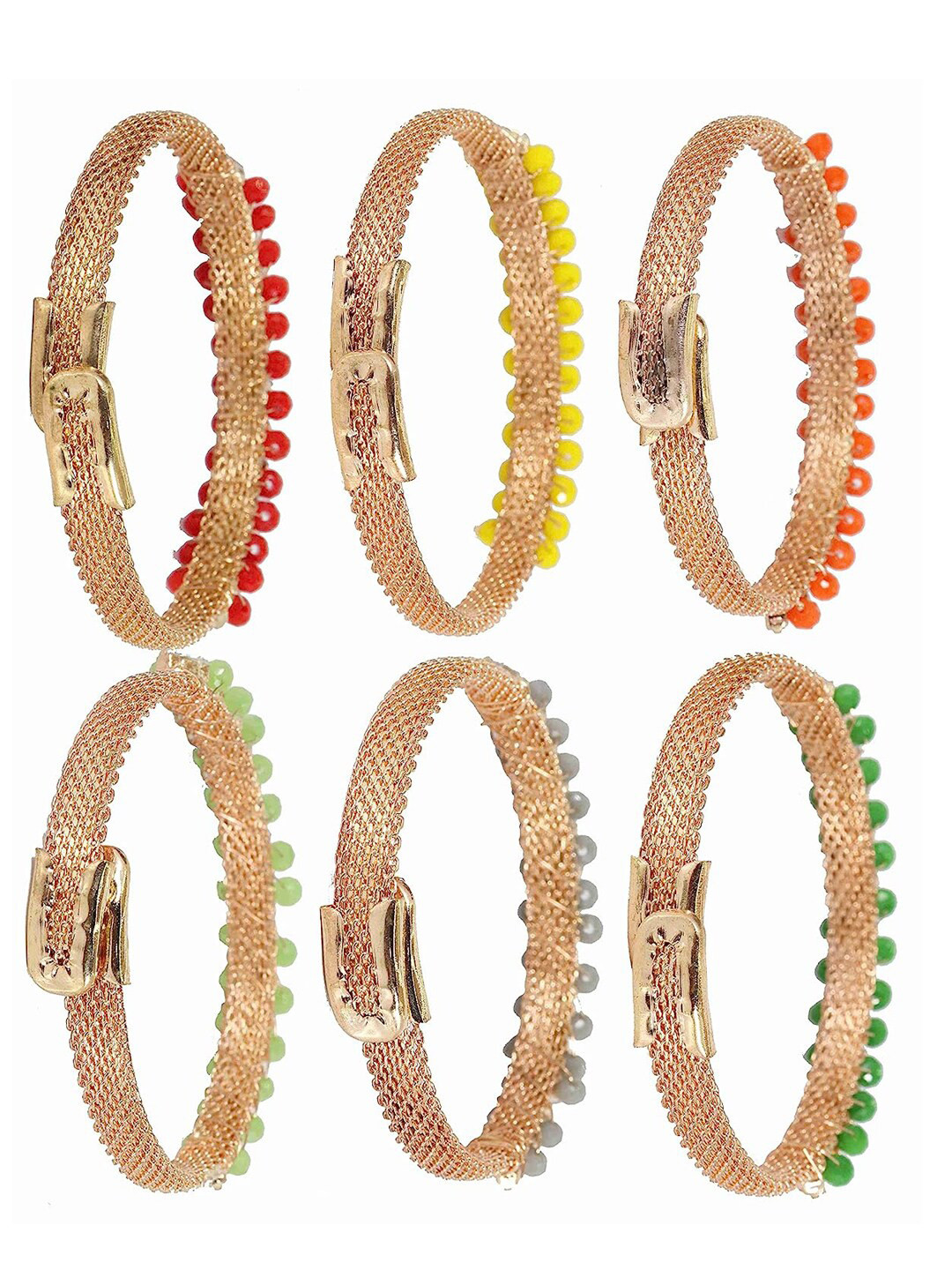 NMII Set Of 6 Gold-Plated American Diamond And Beaded Kada Bracelet