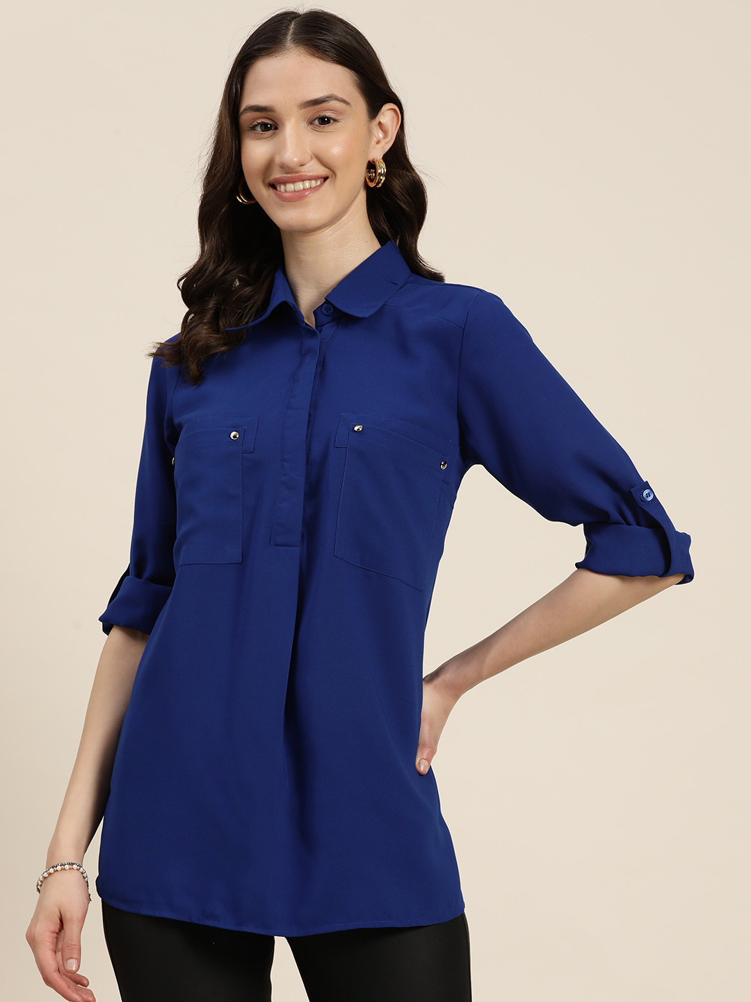 Qurvii Women Comfort Roll-Up Sleeves Casual Shirt