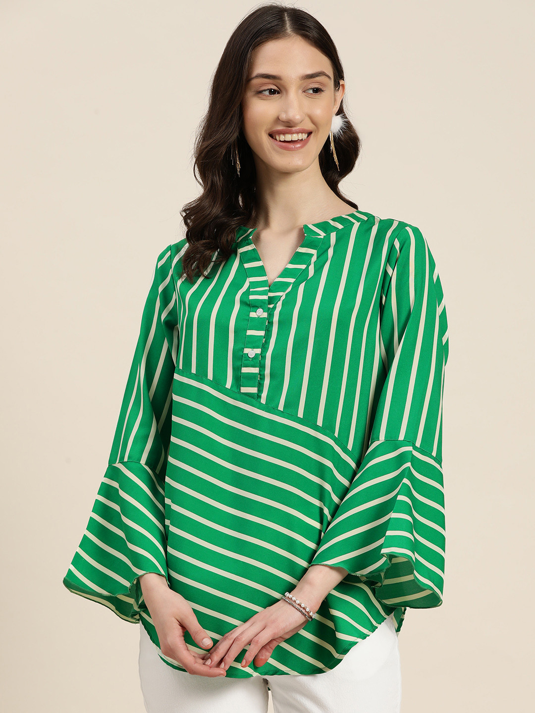 Qurvii Striped Mandarin Collar Bell Sleeves Longline Top