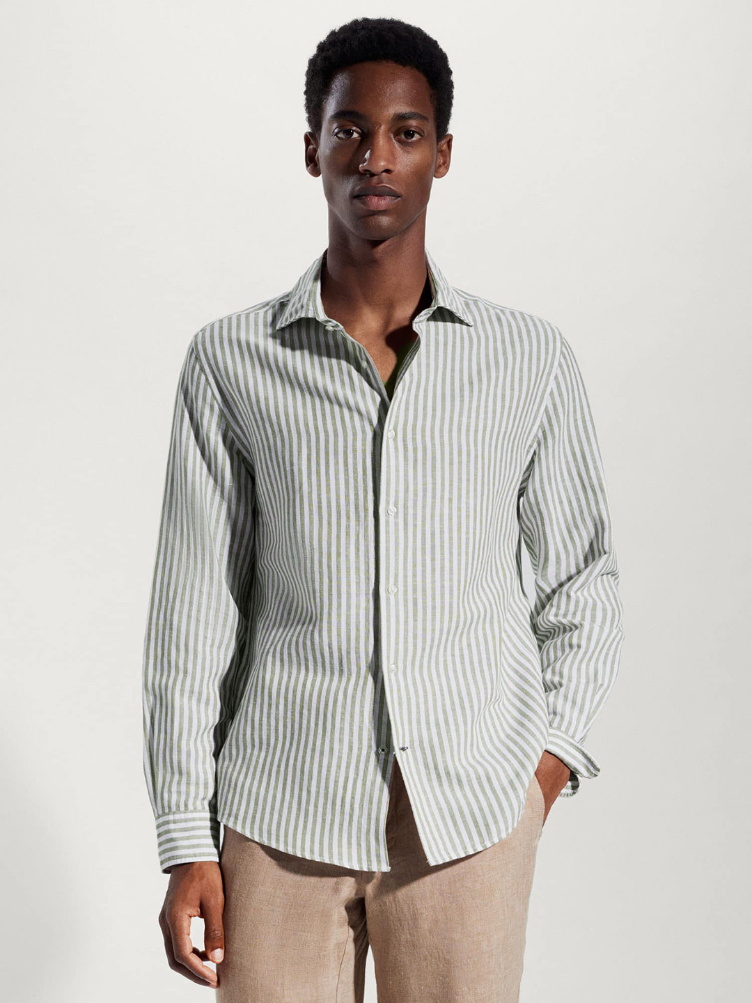 MANGO MAN Slim Fit Linen Cotton Striped Sustainable Casual Shirt
