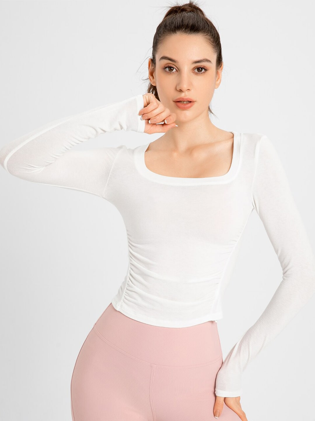 JC Collection Side Ruched Round Neck Long Sleeves Top