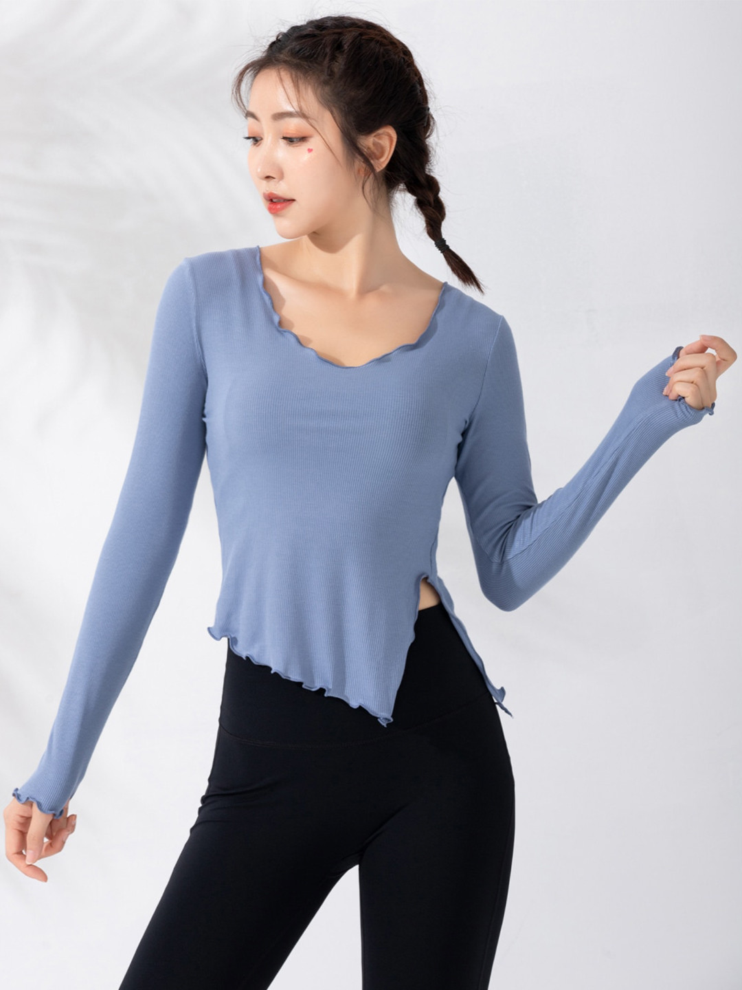 JC Collection V-Neck Long Sleeves Thumb Roll Cut Out Top