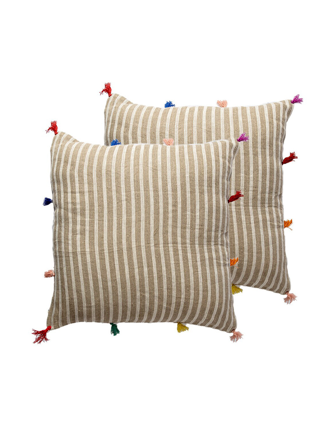 Contrast Living Brown & White 2 Pieces Striped Linen Square Cushion Covers
