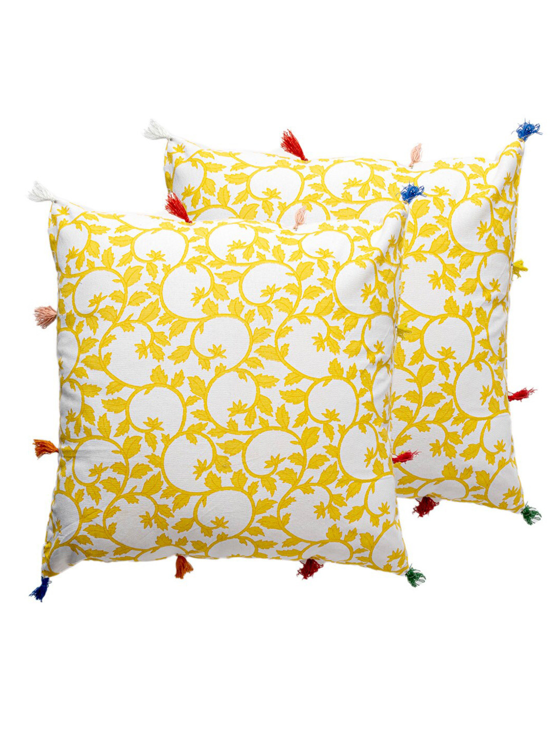 Contrast Living Yellow Floral Cotton Lightweight 2 Pcs Cushion Covers - 18 x 18 Inches