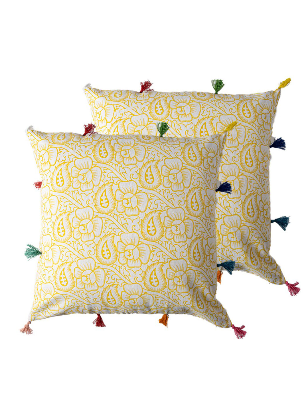 Contrast Living Yellow & White 2 Pieces Ethnic Motifs Cotton Square Cushion Covers