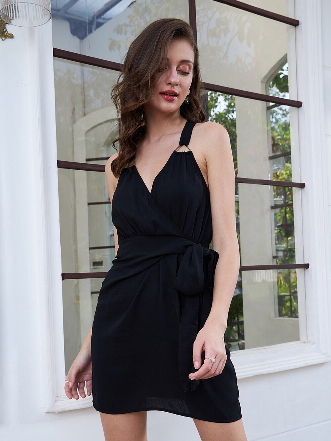 Berrylush Shoulder Strap Wrap Mini Dress