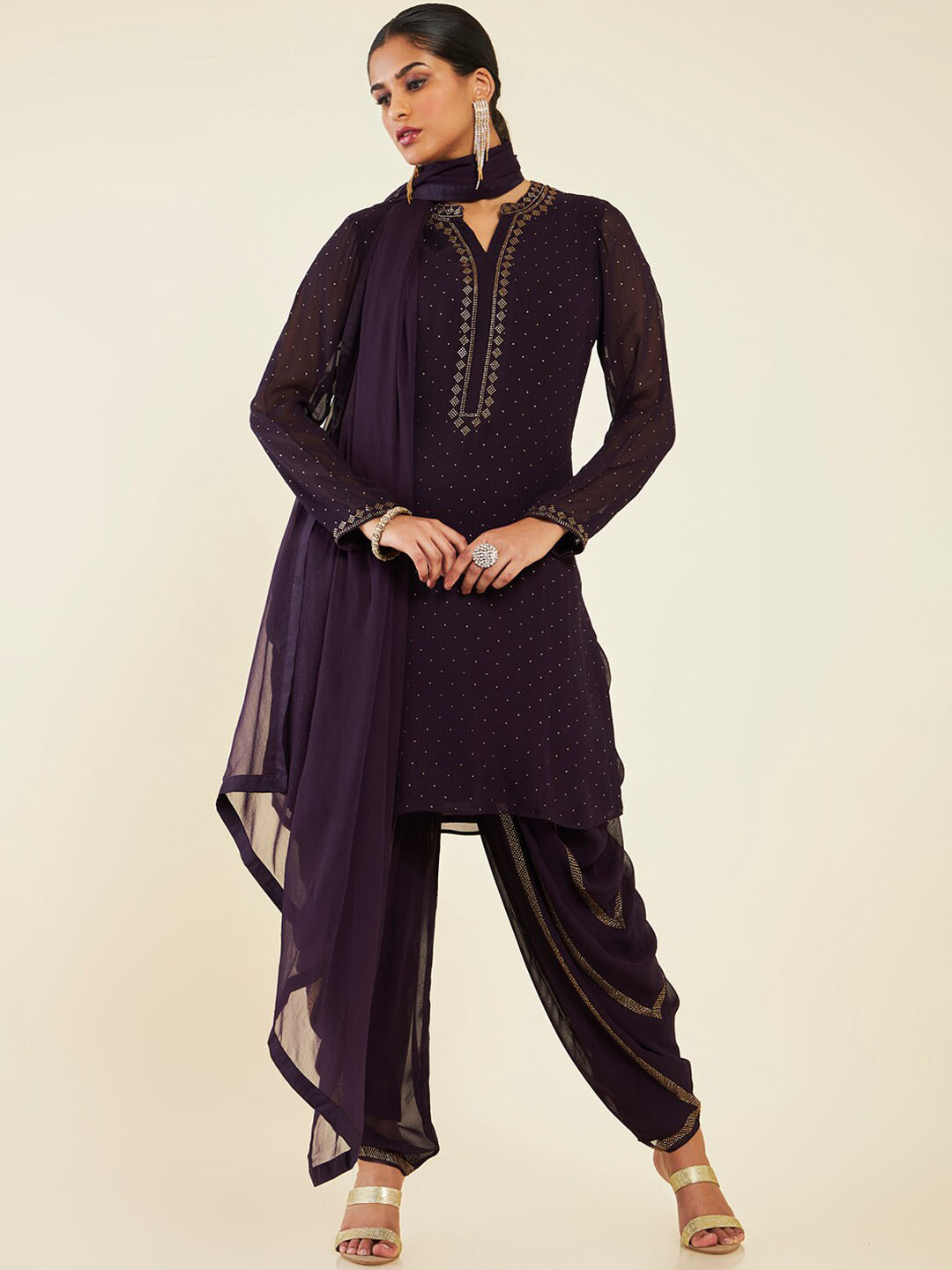 Soch Self Design Beads and Stones Kurta With Dhoti Pants & With Dupatta
