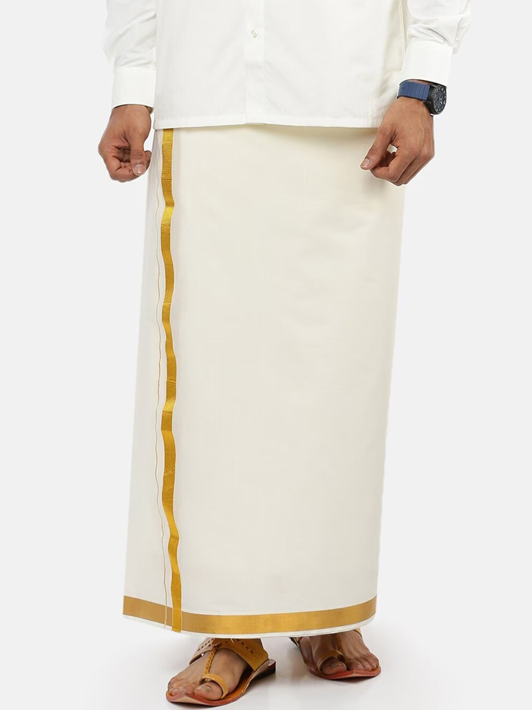 Ramraj Men Solid Gold Jari Border Double Layer Cotton Dhoti