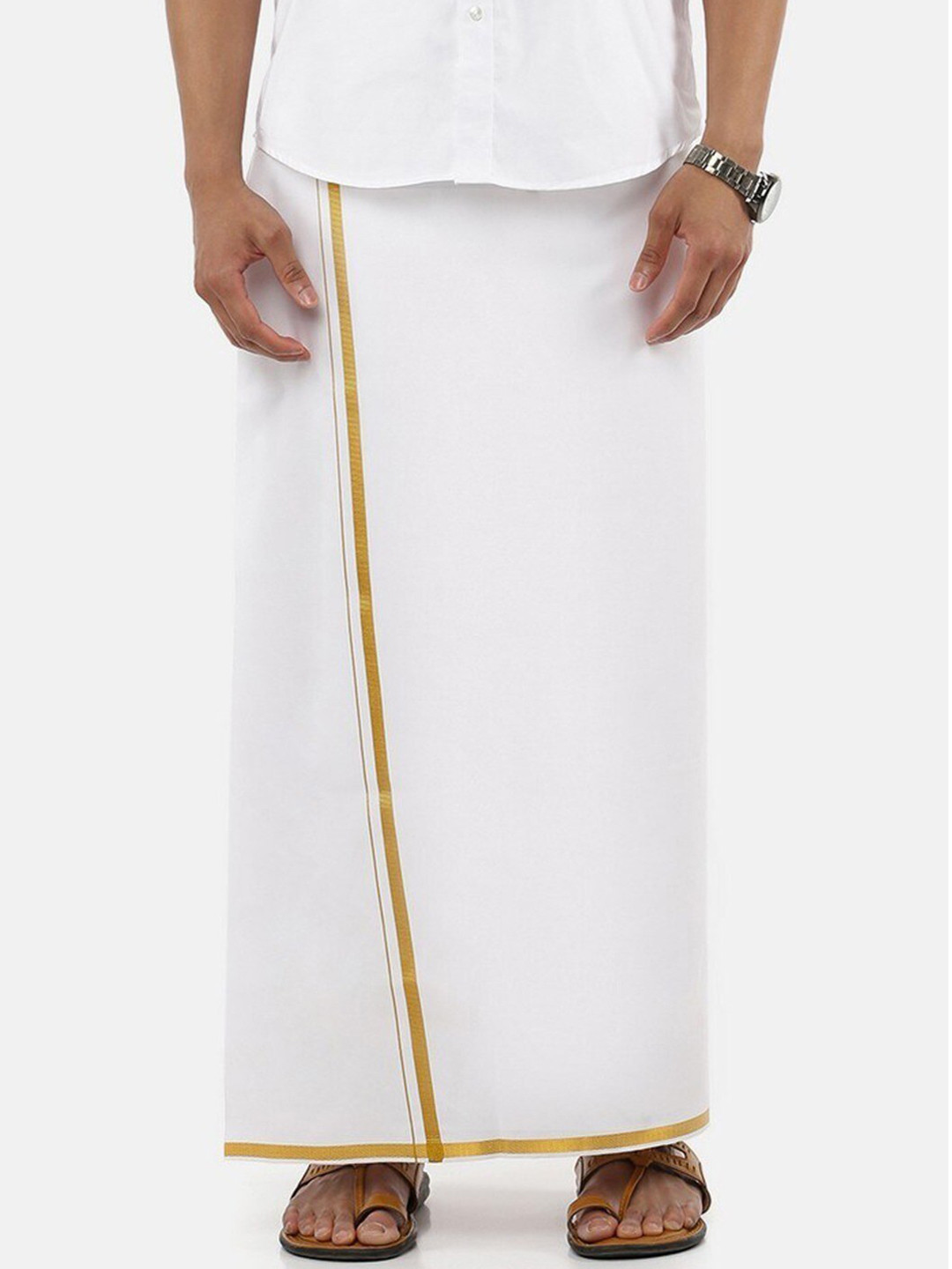 Ramraj Men Cotton Solid Gold Jari Border Single Layer Dhoti