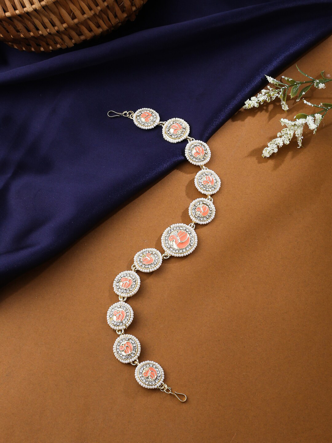 VIRAASI Gold Plated Kundan-Studded & Beaded Layered Meenakari Matha Patti