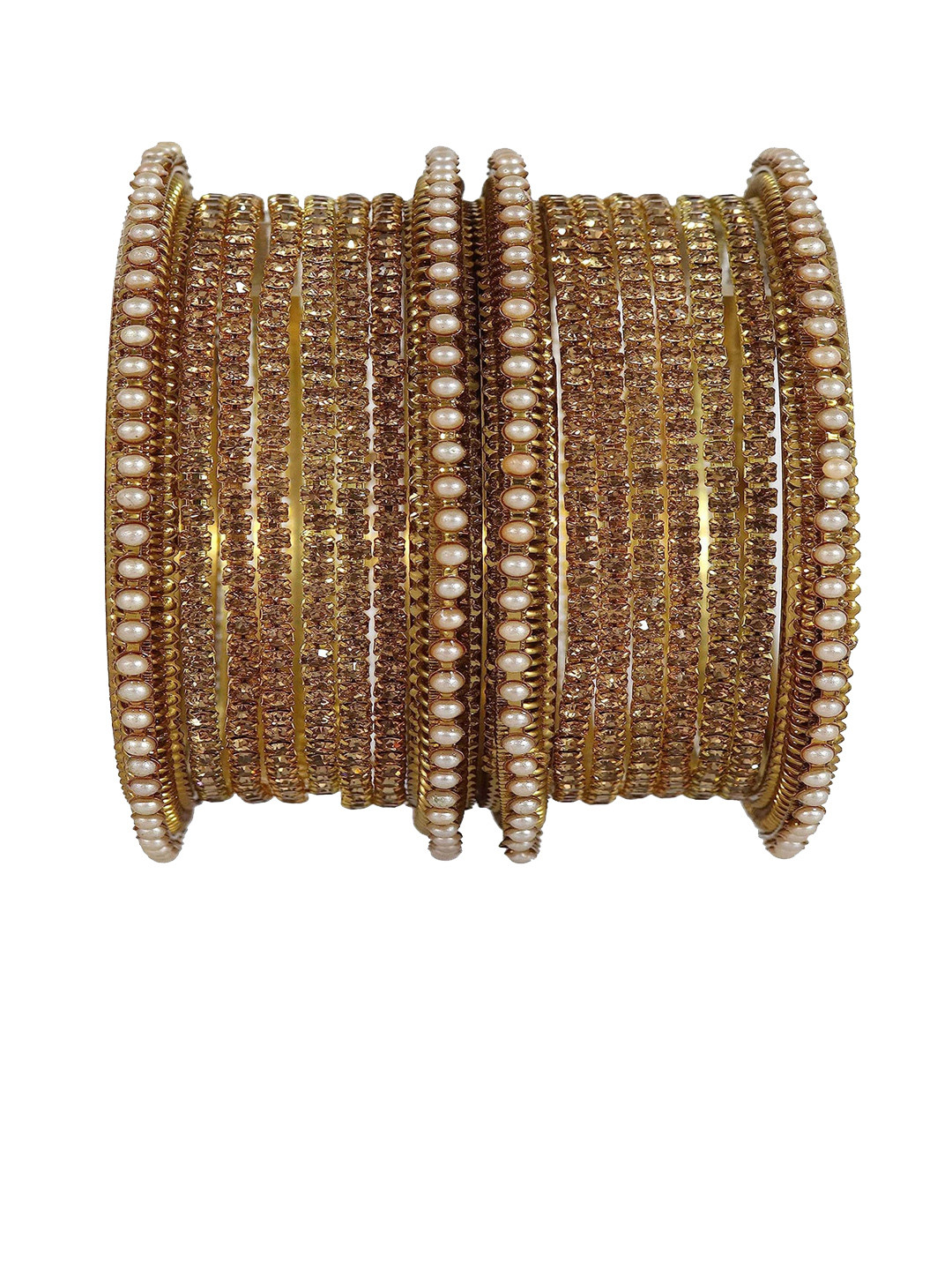 NMII 16-Pcs Gold-Plated Pearls & Zircons Studded Bangle Set