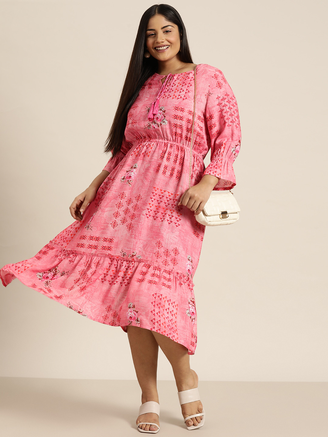 Sztori Plus Size Print Tie-Up Neck Bell Sleeve Blouson Midi Dress