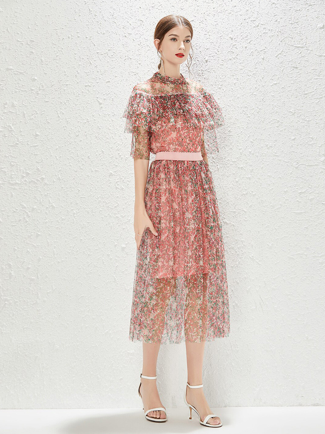 JC Collection Floral Print Ruffled A-Line Midi Dress