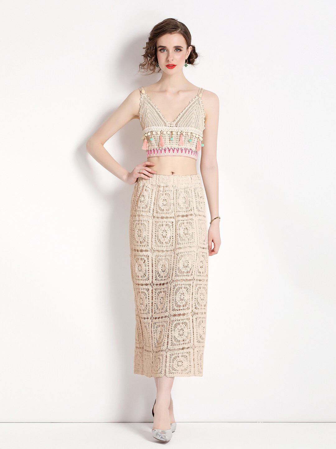 JC Collection Women Self Design Crochet Top with Skirt Co-Ods