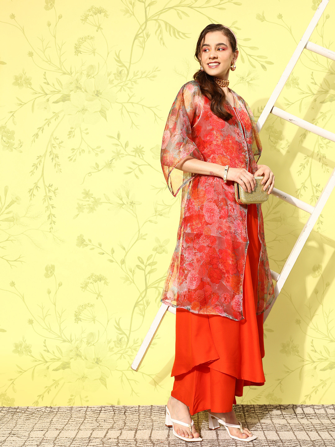 InWeave Orange Regular Kurta With Palazzos & Jacket