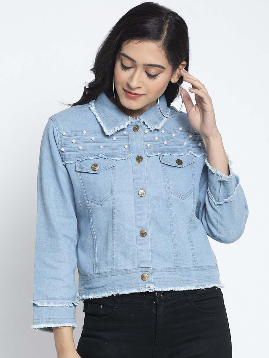 Miaz Lifestyle Lightweight Crop Denim Jacket With Beads