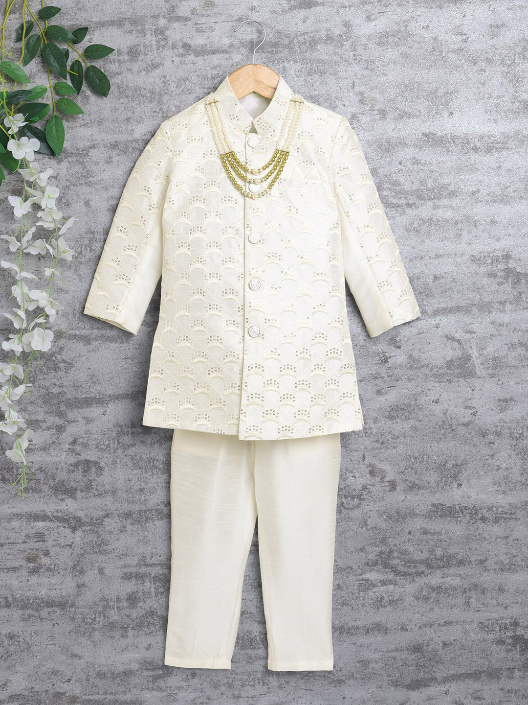 ahhaaaa Boys Embellished Mandarin Collar Indo-Western Sherwani Set