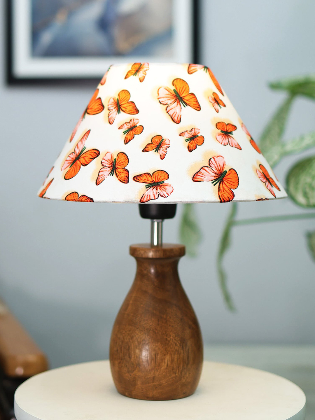 Homesake Brown & White Butterfly Printed Table Lamp With Wooden Base