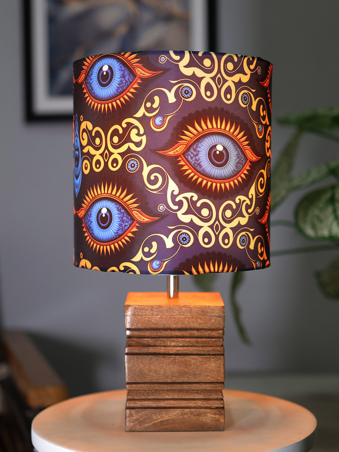 Homesake Blue & Brown Printed Shade With Ribbed Wooden Base Table Lamp