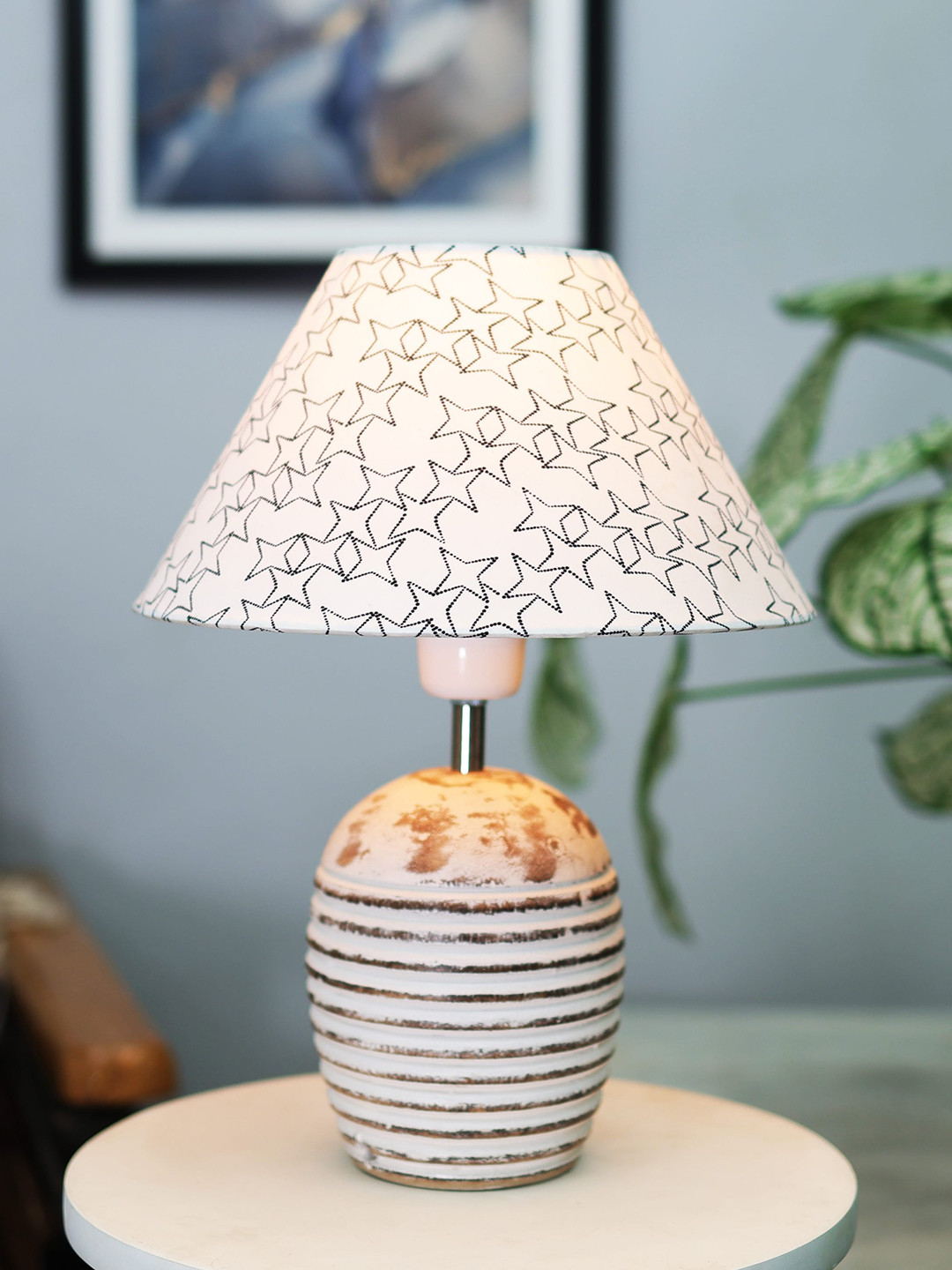 Homesake White & Black Printed Shade With Ribbed Wooden Base Table Lamp
