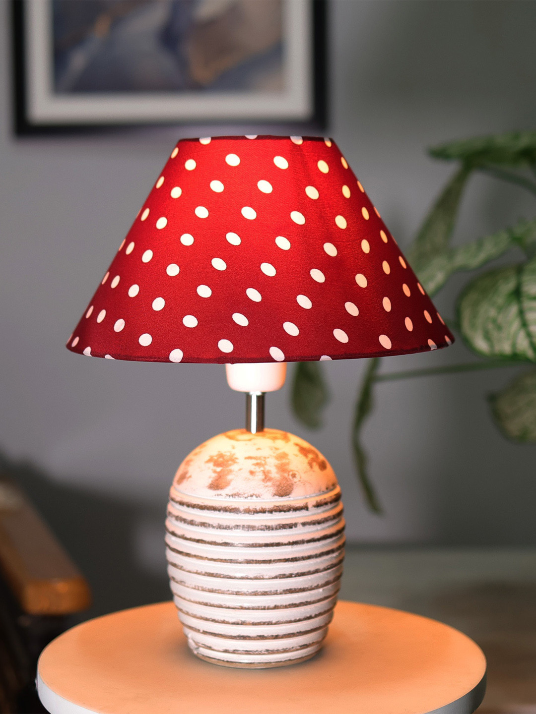 Homesake White & Red Polka Dot Printed Ribbed Basket Table Lamp With Wooden Base