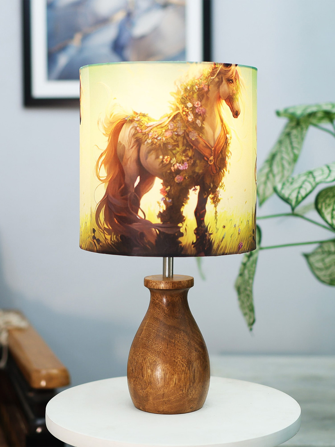 Homesake Dovel Pot Brown & Blue  Floral Horse Printed Table Lamp With Wooden Base