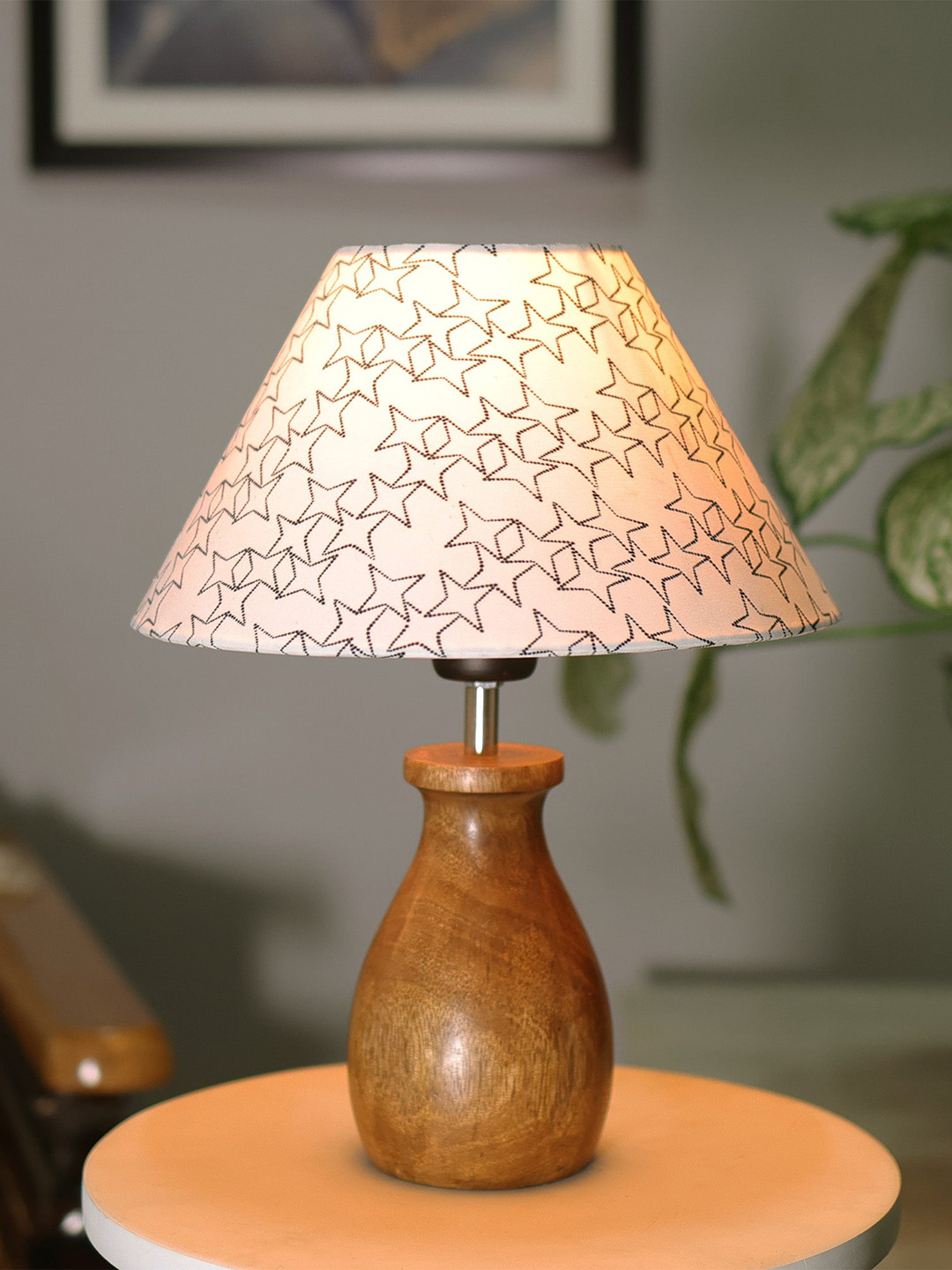 Homesake Brown & White Star Printed Table Lamp With Wooden Base