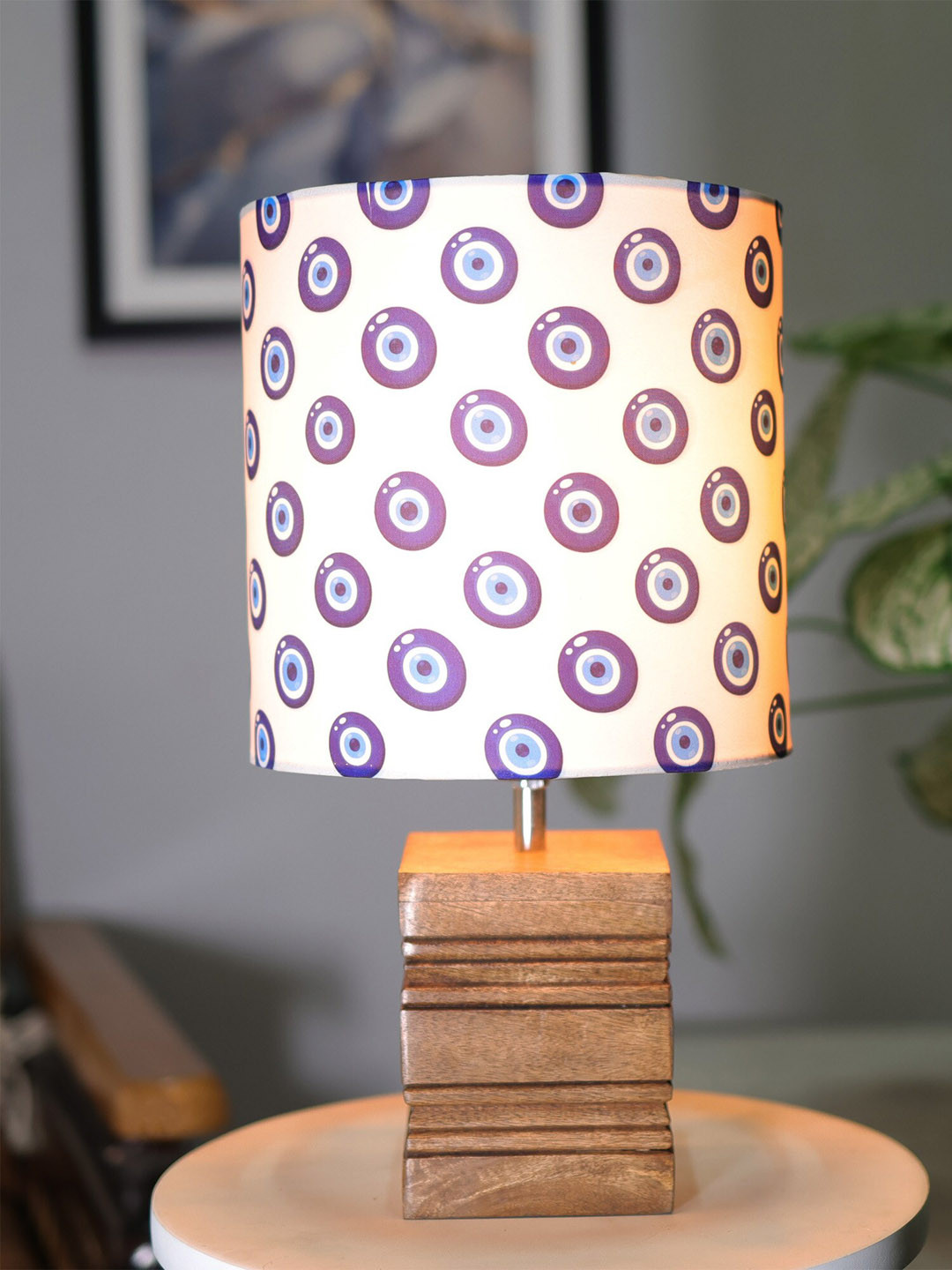 Homesake Brown & White Turkish Evil Eye Printed Ribbed Cube Table Lamp With Wooden Base