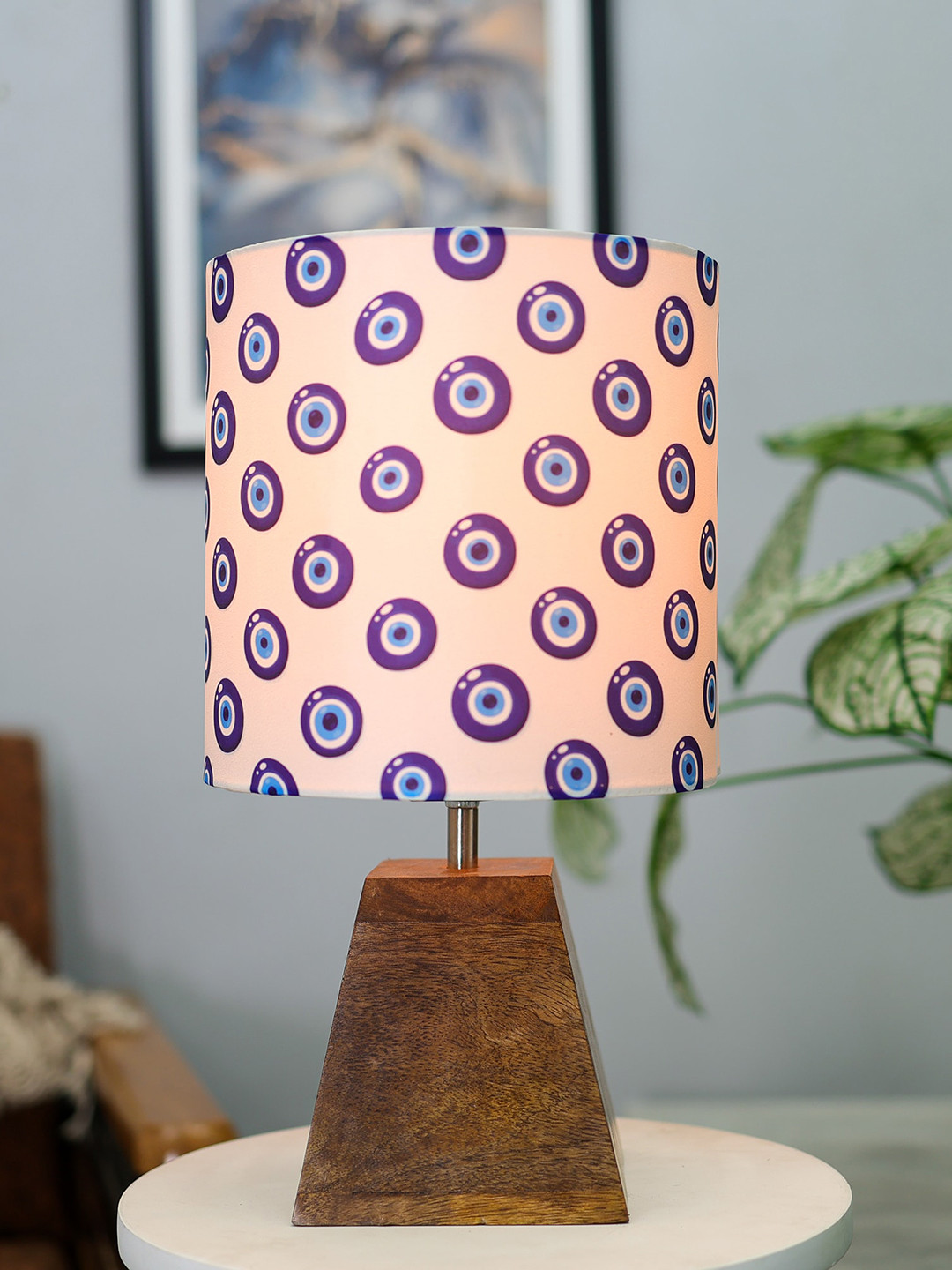 Homesake Pyramid White & Blue Turkish Evil Eye Printed Shade With Wooden Base Table Lamp