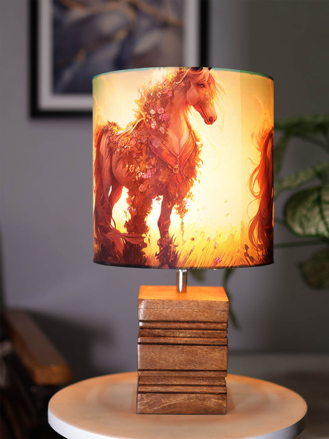 Homesake Green & Brown Printed Shade With Ribbed Wooden Base Table Lamp